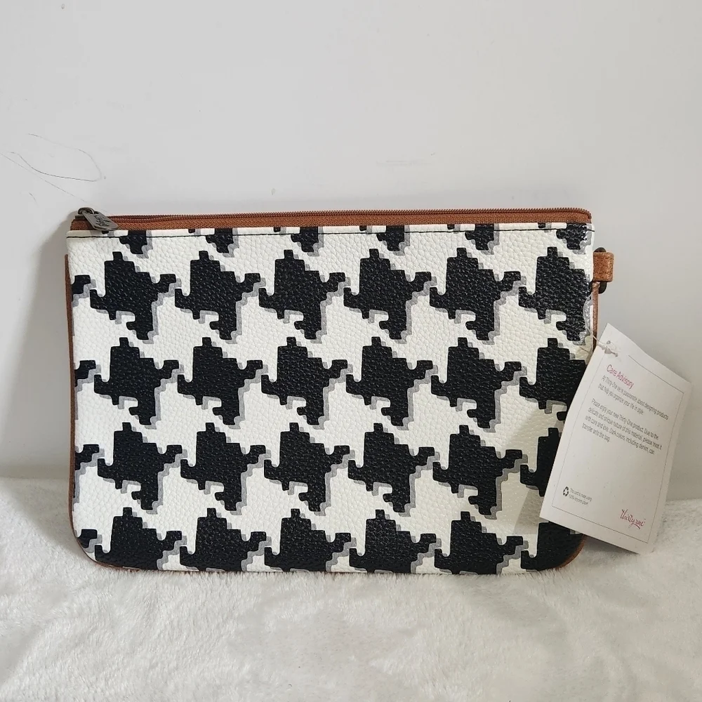 Thirty One Classic White Black Gray Houndstooth Pebble Pouch Bag Clutch NWT